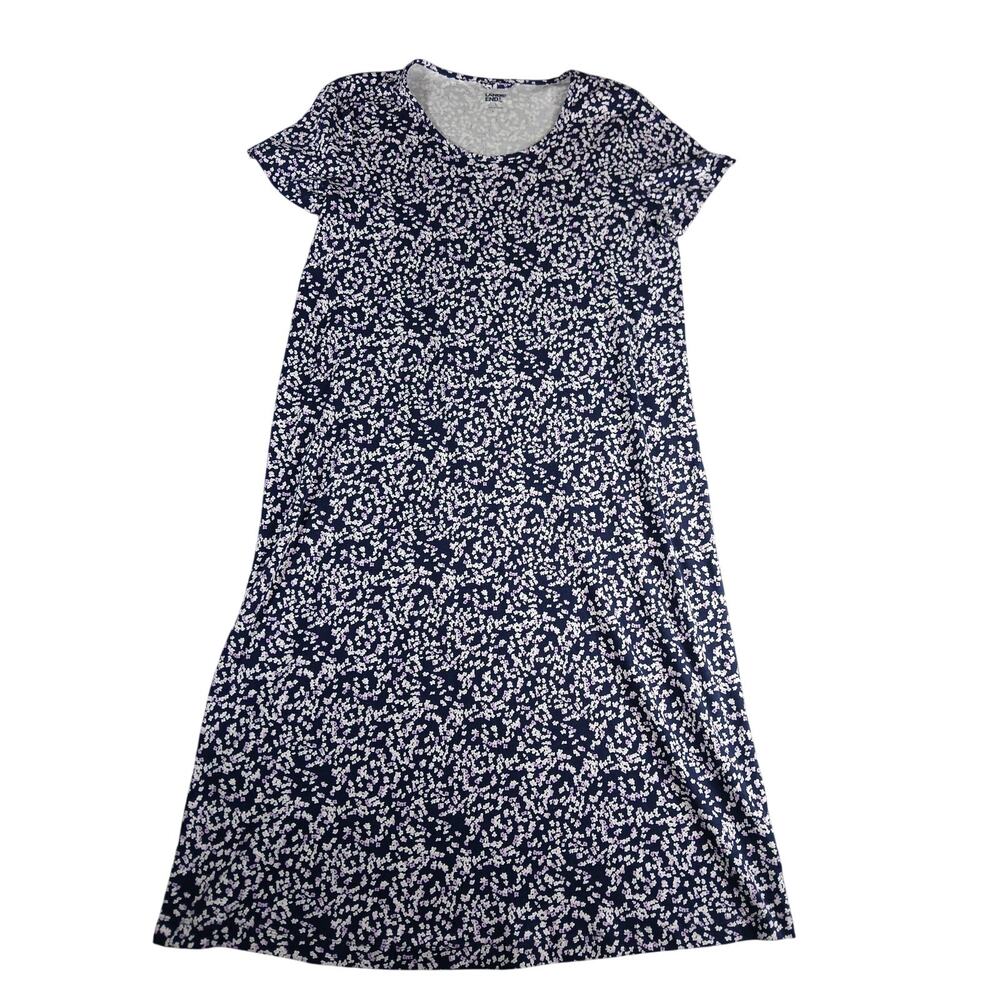 Lands' End Dress Women Large 14-16 Blue Floral 100% Cotton Scoop Neck Midi Flowy